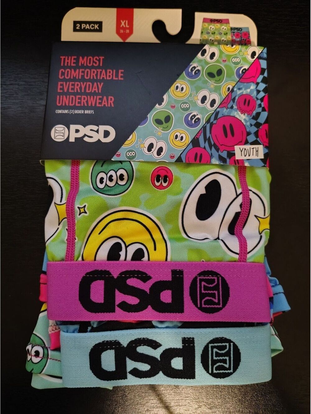 PSD Underwear Youth XL 2-Pack Boxer Briefs Smiley Face Alien Dripping Pink NWT